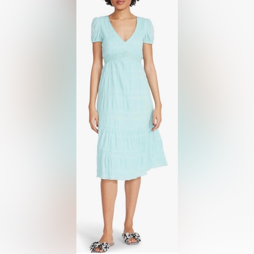 Betsey Johnson Textured Puff Sleeve Tiered Midi Dress, Turquoise, sz M